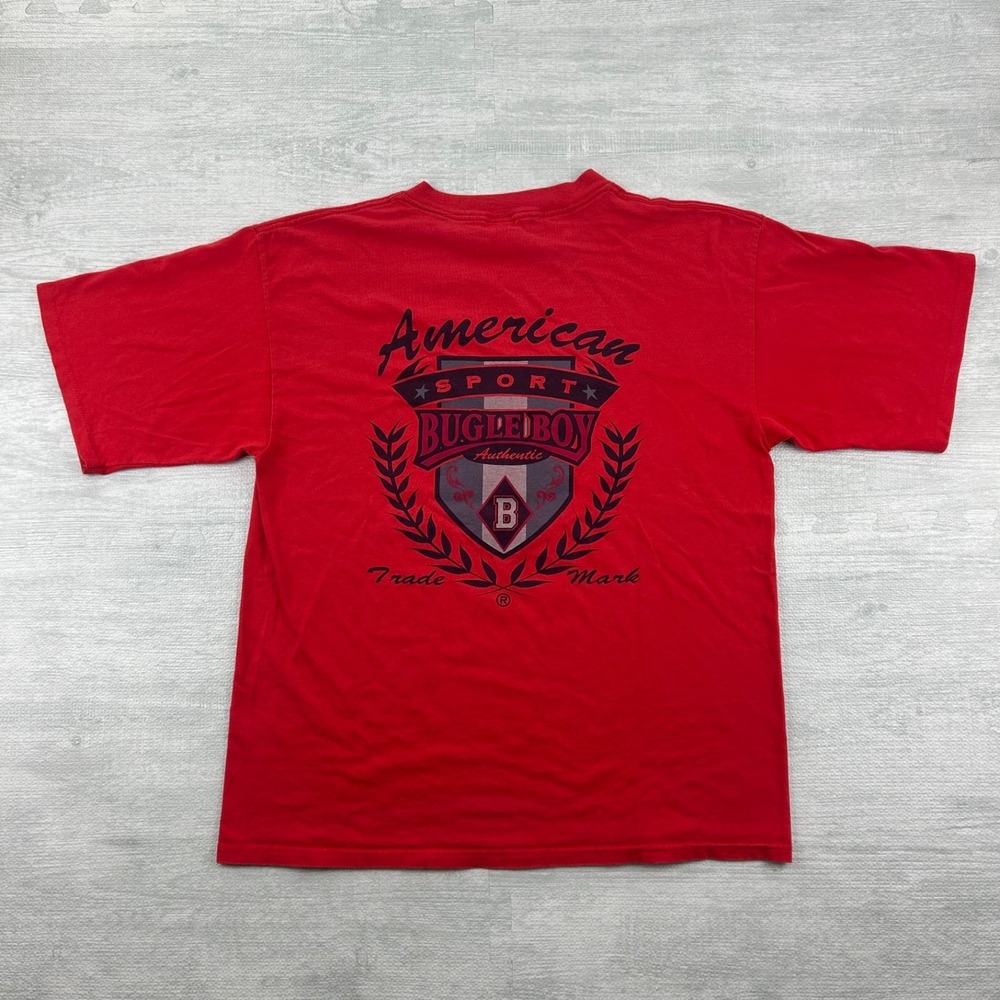 Vintage 90s Bugle Boy Shirt Size Large Red American Sport Graphic Tee